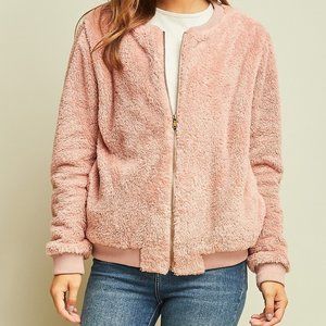 Entro Faux Fur Mauve Pink Bomber Teddy Zip up Jacket